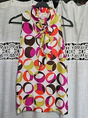 Lesley Evers Top Sleeveless Retro Print Bow / Ties at Neck